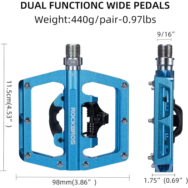 imageROCKBROS MTB Mountain Bike Pedals Compatible with SPD Mountain Bike Dual Function Sealed Clipless Aluminum Bicycle Flat Platform 916quot Pedals with Cleats for Road MTB Mountain BikesBlue