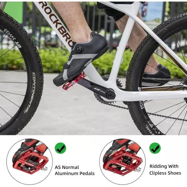 imageROCKBROS MTB Mountain Bike Pedals Compatible with SPD Mountain Bike Dual Function Sealed Clipless Aluminum Bicycle Flat Platform 916quot Pedals with Cleats for Road MTB Mountain BikesRed