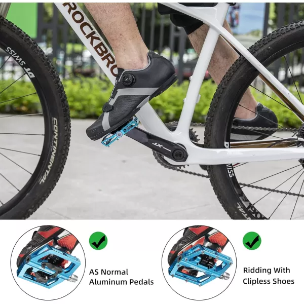 imageROCKBROS MTB Mountain Bike Pedals Compatible with SPD Mountain Bike Dual Function Sealed Clipless Aluminum Bicycle Flat Platform 916quot Pedals with Cleats for Road MTB Mountain BikesBlue