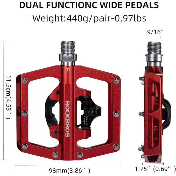 imageROCKBROS MTB Mountain Bike Pedals Compatible with SPD Mountain Bike Dual Function Sealed Clipless Aluminum Bicycle Flat Platform 916quot Pedals with Cleats for Road MTB Mountain BikesRed