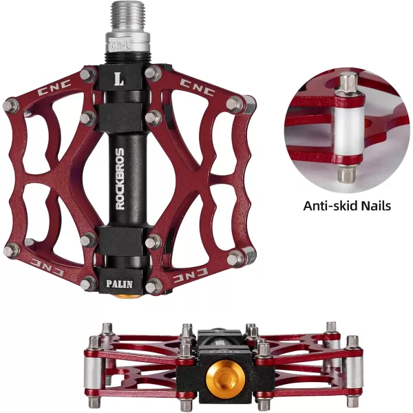 imageROCKBROS Mountain Bike Pedals MTB Pedals CNC NonSlip Lightweight Aluminum Alloy Bicycle Pedals Sealed Bearings Bicycle Platform Pedals 916quot BMX Road Bike PedalRed 2