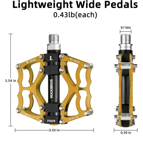 imageROCKBROS Mountain Bike Pedals MTB Pedals CNC NonSlip Lightweight Aluminum Alloy Bicycle Pedals Sealed Bearings Bicycle Platform Pedals 916quot BMX Road Bike PedalGold