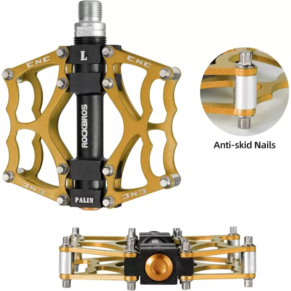 imageROCKBROS Mountain Bike Pedals MTB Pedals CNC NonSlip Lightweight Aluminum Alloy Bicycle Pedals Sealed Bearings Bicycle Platform Pedals 916quot BMX Road Bike PedalGold