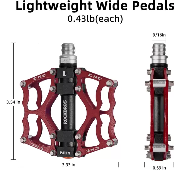 imageROCKBROS Mountain Bike Pedals MTB Pedals CNC NonSlip Lightweight Aluminum Alloy Bicycle Pedals Sealed Bearings Bicycle Platform Pedals 916quot BMX Road Bike PedalRed 2