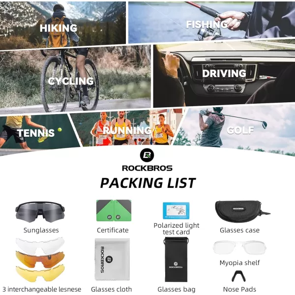 imageROCKBROS Polarized Cycling Glasses with 4 Interchangeable Lenses Baseball Sunglasses for Men Womens UV400 Sports SunglassesBlack