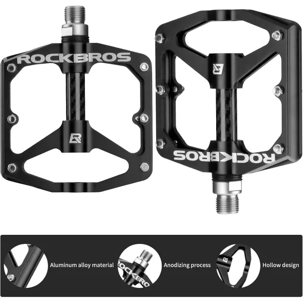 imageRock BROS Mountain Bike Pedals Flat Bicycle Pedals 916 Lightweight Road Bike Pedals Carbon Fiber Sealed Bearing Flat Pedals for MTBBlack