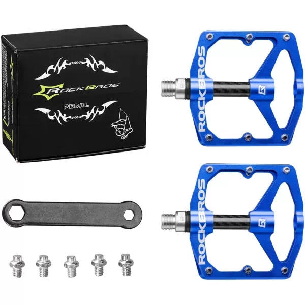 imageRock BROS Mountain Bike Pedals Flat Bicycle Pedals 916 Lightweight Road Bike Pedals Carbon Fiber Sealed Bearing Flat Pedals for MTBBlue