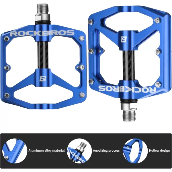 imageRock BROS Mountain Bike Pedals Flat Bicycle Pedals 916 Lightweight Road Bike Pedals Carbon Fiber Sealed Bearing Flat Pedals for MTBBlue