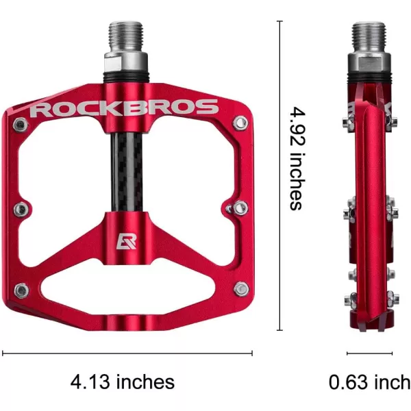 imageRock BROS Mountain Bike Pedals Flat Bicycle Pedals 916 Lightweight Road Bike Pedals Carbon Fiber Sealed Bearing Flat Pedals for MTBRed