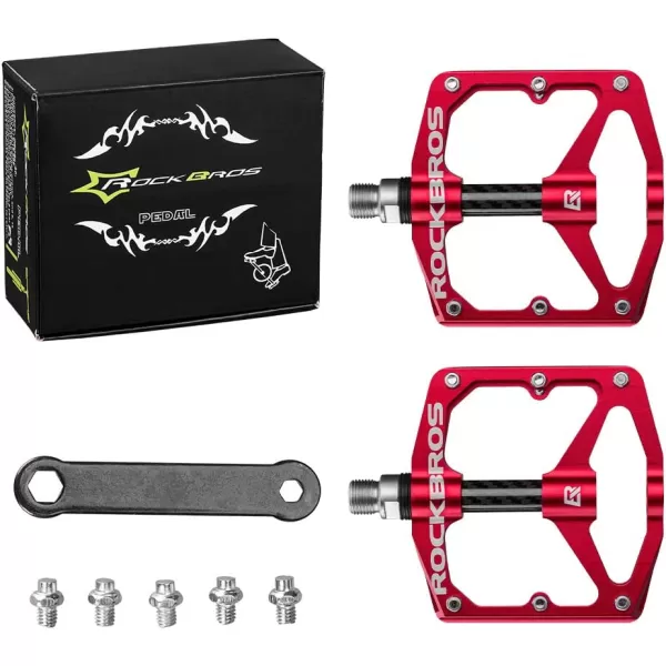 imageRock BROS Mountain Bike Pedals Flat Bicycle Pedals 916 Lightweight Road Bike Pedals Carbon Fiber Sealed Bearing Flat Pedals for MTBRed