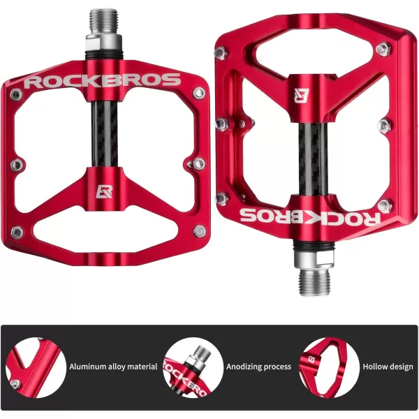 imageRock BROS Mountain Bike Pedals Flat Bicycle Pedals 916 Lightweight Road Bike Pedals Carbon Fiber Sealed Bearing Flat Pedals for MTBRed