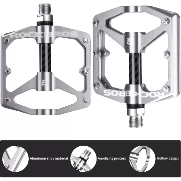 imageRock BROS Mountain Bike Pedals Flat Bicycle Pedals 916 Lightweight Road Bike Pedals Carbon Fiber Sealed Bearing Flat Pedals for MTBSilver