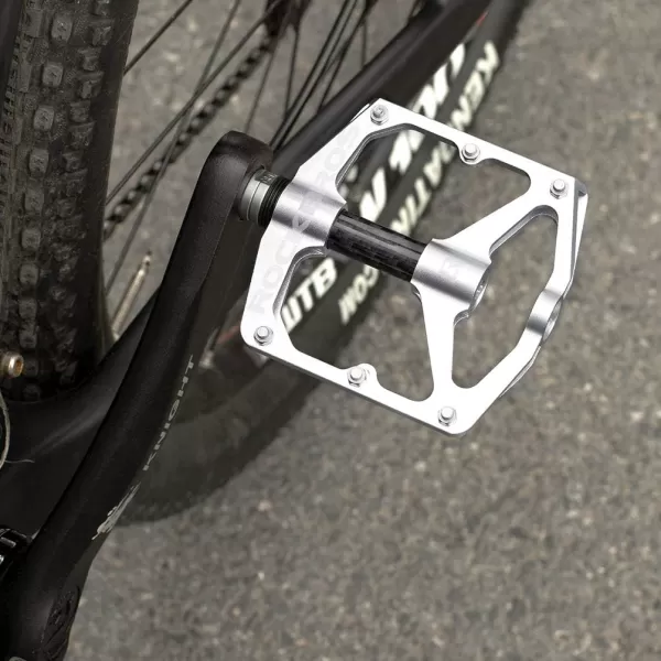 imageRock BROS Mountain Bike Pedals Flat Bicycle Pedals 916 Lightweight Road Bike Pedals Carbon Fiber Sealed Bearing Flat Pedals for MTBSilver