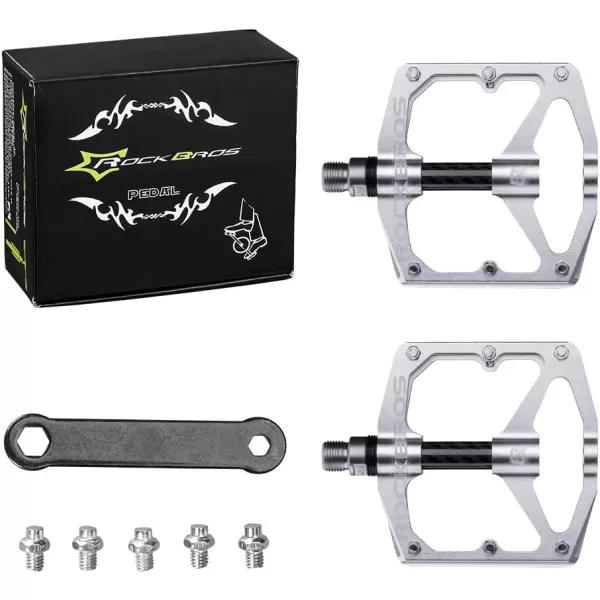 imageRock BROS Mountain Bike Pedals Flat Bicycle Pedals 916 Lightweight Road Bike Pedals Carbon Fiber Sealed Bearing Flat Pedals for MTBSilver