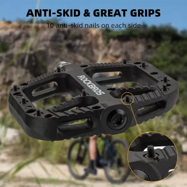 imageRock BROS Mountain Bike Pedals Nylon Composite Bearing 916quot MTB Bicycle Pedals with Wide Flat PlatformBlack