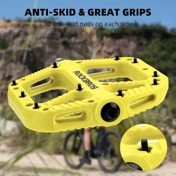 imageRock BROS Mountain Bike Pedals Nylon Composite Bearing 916quot MTB Bicycle Pedals with Wide Flat PlatformGreen