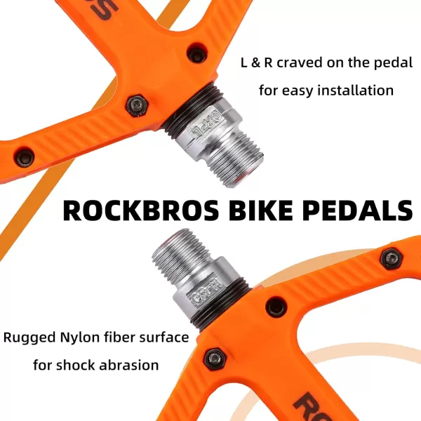 imageRock BROS Mountain Bike Pedals Nylon Composite Bearing 916quot MTB Bicycle Pedals with Wide Flat PlatformOrange