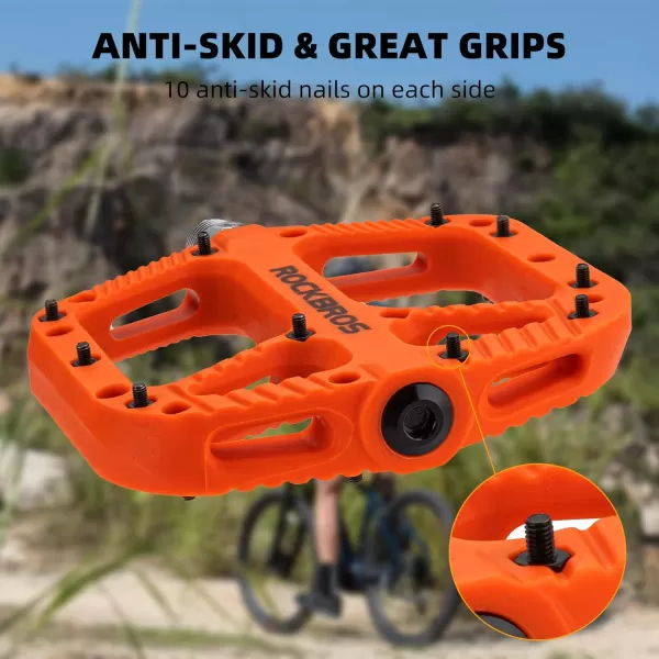 imageRock BROS Mountain Bike Pedals Nylon Composite Bearing 916quot MTB Bicycle Pedals with Wide Flat PlatformOrange