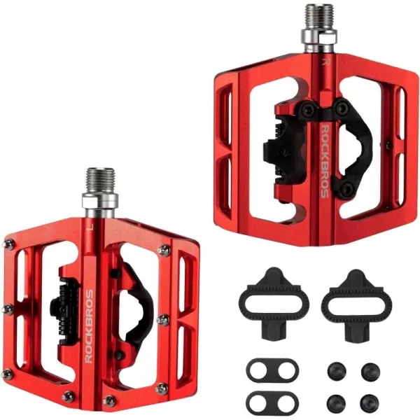 imageROCKBROS MTB Mountain Bike Pedals Compatible with SPD Mountain Bike Dual Function Sealed Clipless Aluminum Bicycle Flat Platform 916quot Pedals with Cleats for Road MTB Mountain BikesRed