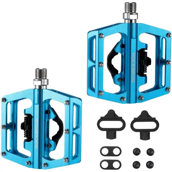 imageROCKBROS MTB Mountain Bike Pedals Compatible with SPD Mountain Bike Dual Function Sealed Clipless Aluminum Bicycle Flat Platform 916quot Pedals with Cleats for Road MTB Mountain BikesBlue