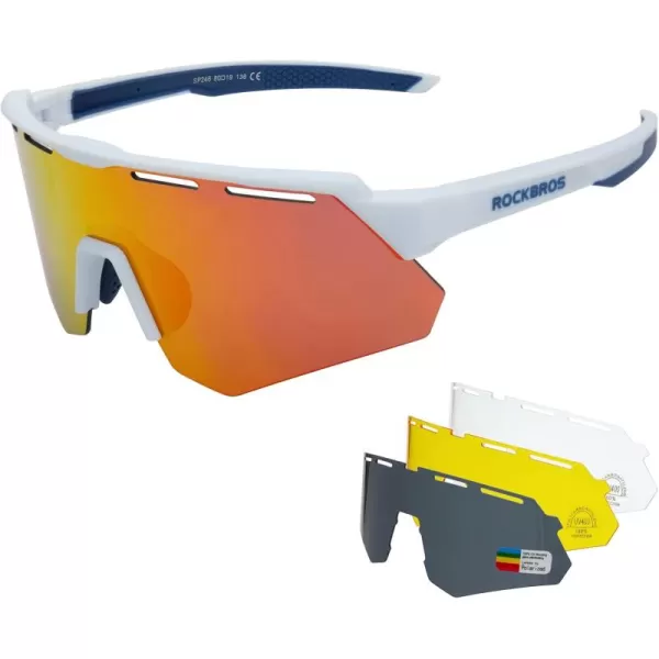 imageROCKBROS Polarized Cycling Glasses with 4 Interchangeable Lenses Baseball Sunglasses for Men Womens UV400 Sports SunglassesWhite