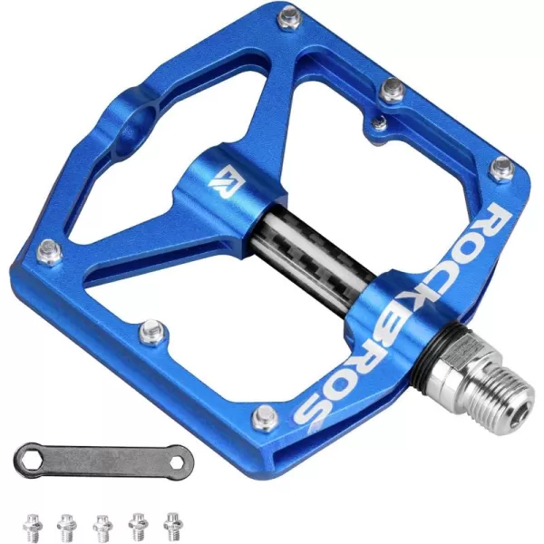 imageRock BROS Mountain Bike Pedals Flat Bicycle Pedals 916 Lightweight Road Bike Pedals Carbon Fiber Sealed Bearing Flat Pedals for MTBBlue