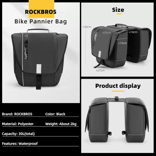imageROCKBROS 30L Bike Panniers Bags for Bicycles Rear Rack Pannier Bag Waterproof Bicycle Pannier with Rain Cover