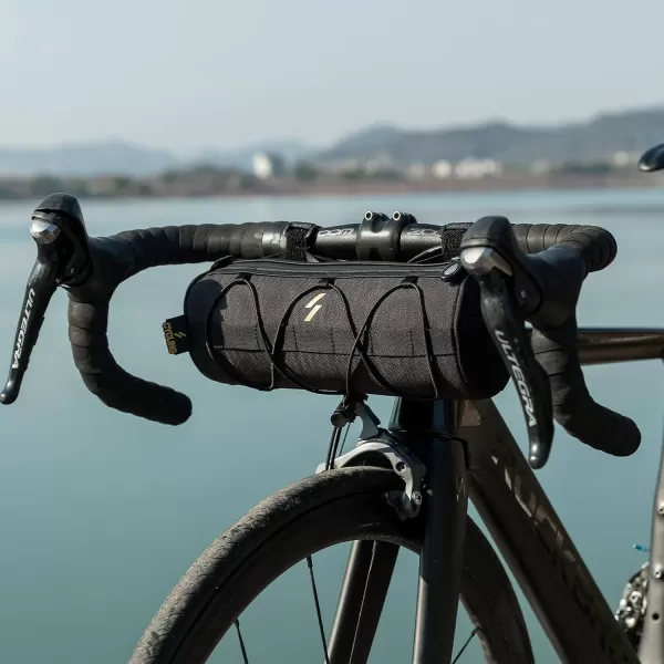imageROCKBROS Bike Handlebar Bag Small Bicycle Handle Bar Bag Handy Front Bike Bags Handlebar Storage Pouch Pack with Shoulder Strap Little Mountain Road Bike Barrel BagBlack