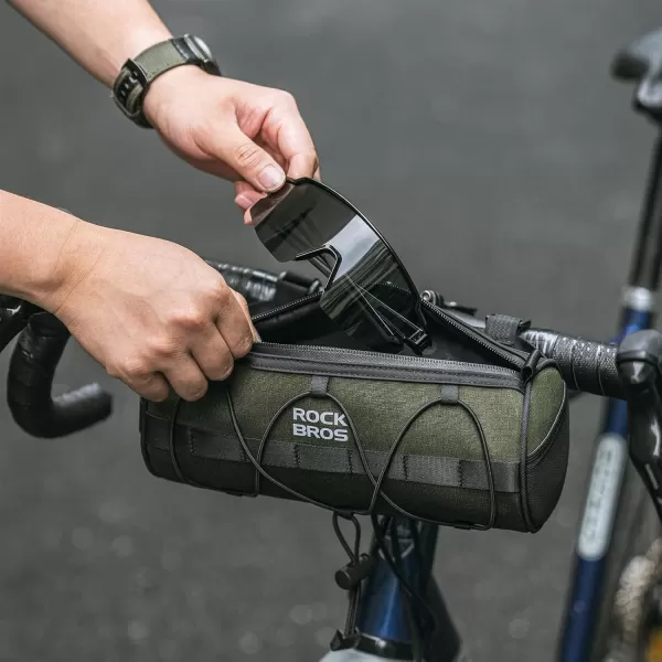 imageROCKBROS Bike Handlebar Bag Small Bicycle Handle Bar Bag Handy Front Bike Bags Handlebar Storage Pouch Pack with Shoulder Strap Little Mountain Road Bike Barrel BagDark Green
