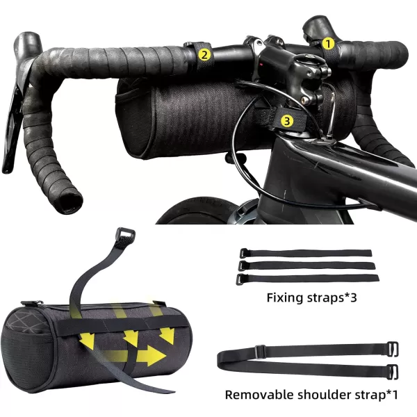 imageROCKBROS Bike Handlebar Bag Small Bicycle Handle Bar Bag Handy Front Bike Bags Handlebar Storage Pouch Pack with Shoulder Strap Little Mountain Road Bike Barrel BagBlack