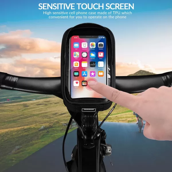 imageROCKBROS Bike Phone Mount Bag Bike Front Frame Handlebar Bag Waterproof Bike Phone Holder Case Bicycle Accessories Pouch Sensitive Touch Screen Compatible with iPhone 11 XS Max XR 8 Plus Below 65quotblack