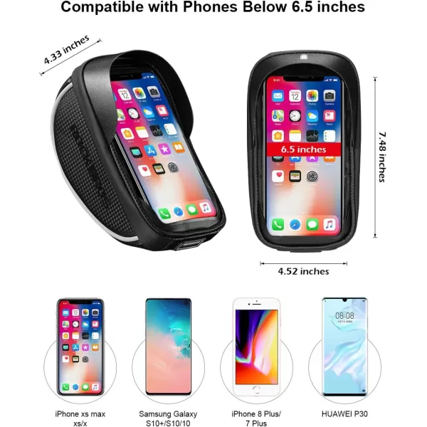 imageROCKBROS Bike Phone Mount Bag Bike Front Frame Handlebar Bag Waterproof Bike Phone Holder Case Bicycle Accessories Pouch Sensitive Touch Screen Compatible with iPhone 11 XS Max XR 8 Plus Below 65quotblack