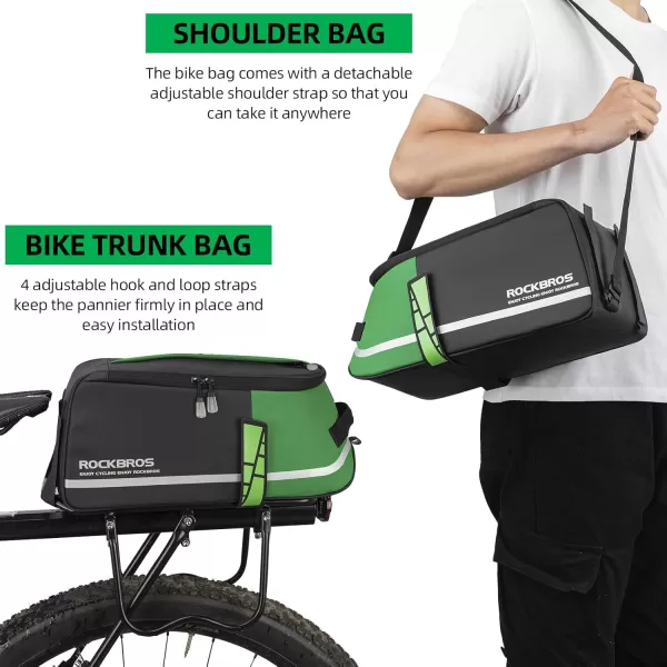 imageROCKBROS Bike Rear Rack Bag Bike Trunk Bag Reflective Bicycle Rear Seat Saddle Bag Cycling Luggage Panniers with Shoulder Straps Green Rain Cover
