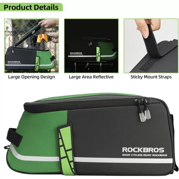 imageROCKBROS Bike Rear Rack Bag Bike Trunk Bag Reflective Bicycle Rear Seat Saddle Bag Cycling Luggage Panniers with Shoulder Straps Green Rain Cover