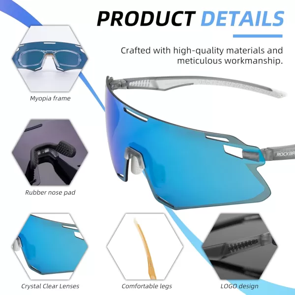 imageROCKBROS Cycling Glasses Sports Sunglasses with Anti Blue Lenses Men Cycling Glasses MTB Biking SunglassesGrayish Azure