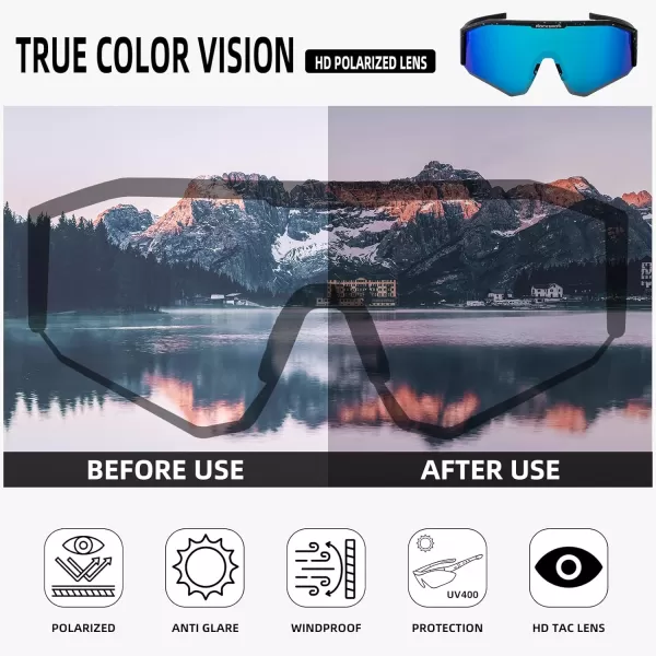 imageROCKBROS Polarized Sports Sunglasses for Men and Women UV 400 Protection Sunglasses for Cycling Running BikingShiny BlackBlue