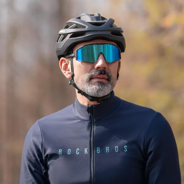imageROCKBROS Polarized Sports Sunglasses for Men and Women UV 400 Protection Sunglasses for Cycling Running BikingShiny BlackBlue