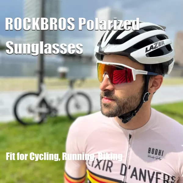 imageROCKBROS Polarized Sports Sunglasses for Men and Women UV 400 Protection Sunglasses for Cycling Running BikingShiny WhiteRed