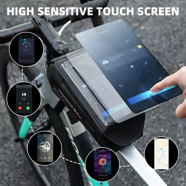 imageROCKBROS Bike Bag Phone Mount Bag Bicycle Accessories Pouch EVA Waterproof Bike Phone Holder Top Tube Front Frame Bag Handlebar Bags Compatible Phones Under 68CamoHook and Loop