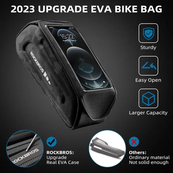 imageROCKBROS Bike Bag Phone Mount Bag Bicycle Accessories Pouch EVA Waterproof Bike Phone Holder Top Tube Front Frame Bag Handlebar Bags Compatible Phones Under 68CamoHook and Loop