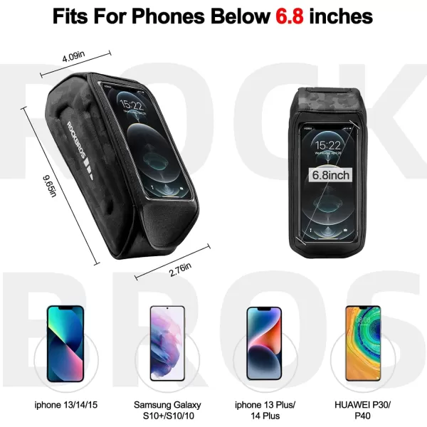imageROCKBROS Bike Bag Phone Mount Bag Bicycle Accessories Pouch EVA Waterproof Bike Phone Holder Top Tube Front Frame Bag Handlebar Bags Compatible Phones Under 68CamoHook and Loop