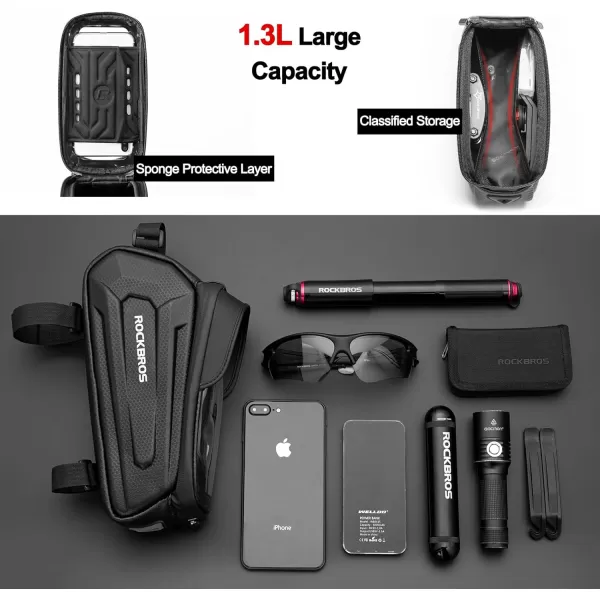 imageROCKBROS Bike Bag Phone Mount Bag Bicycle Accessories Pouch EVA Waterproof Bike Phone Holder Top Tube Front Frame Bag Handlebar Bags Compatible Phones Under 68Black13L