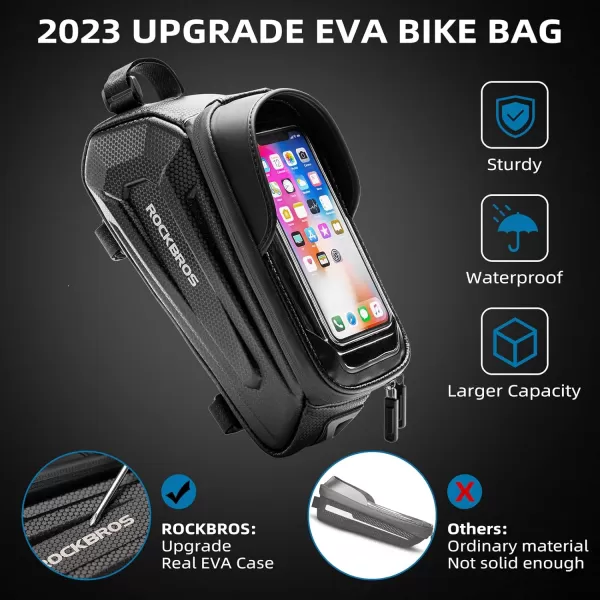 imageROCKBROS Bike Bag Phone Mount Bag Bicycle Accessories Pouch EVA Waterproof Bike Phone Holder Top Tube Front Frame Bag Handlebar Bags Compatible Phones Under 68Black17L