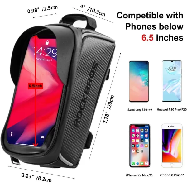 imageROCKBROS Bike Bag Top Tube Waterproof Bicycle Frame Bag Touch Screen Bike Pouch Bike Cell Phone Holder for Iphone 12 11 7 8 Plus Xs Max Below 67