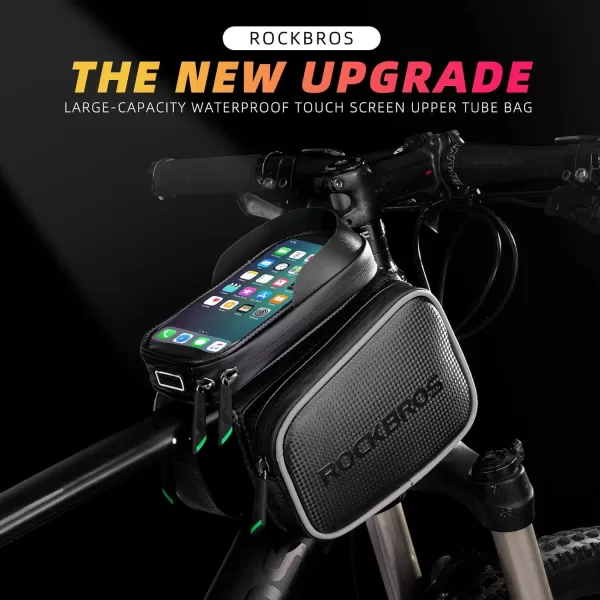 imageROCKBROS Bike Bag Waterproof Top Tube Phone Bag Front Frame Mountain Bicycle Touch Screen Cell Phone Holder Pouch Compatible with iPhone X 8 Plus 7Large