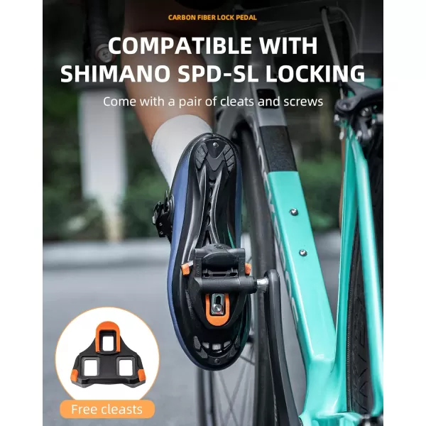 imageROCKBROS Bike Pedals Carbon Fiber SPDSL Road Bike Pedals Compatible with Shimano SPDSL Locking Cycling Pedals Cleat Replaceable Sealed Bearing Lightweight