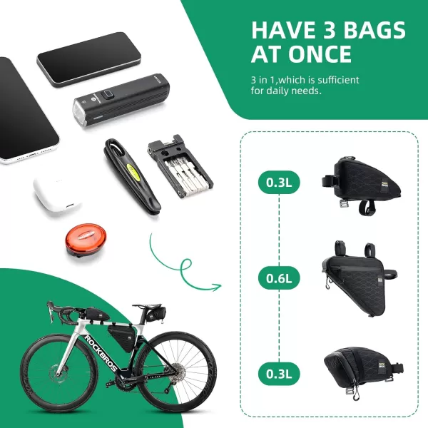 imageROCKBROS Bike Triangle Bag Bike Frame Bag Waterproof Bike Saddle Bag for Cycling Accessories Pouch for Mountain Road Bike 3 Pieces Combi