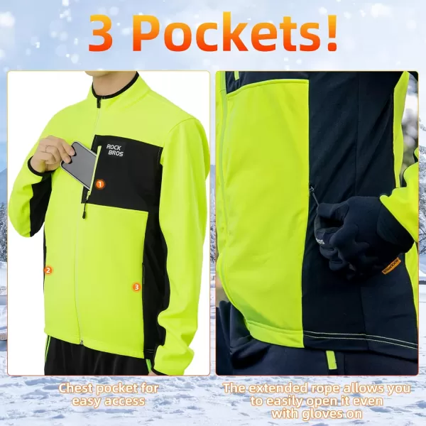 imageROCKBROS Cycling Jackets for Men Winter Thermal Bike Jackets Breathable Cycling Windbreaker with 3 PocketsGreen