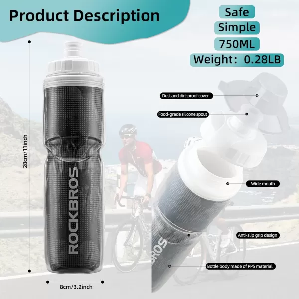 imageROCKBROS Insulated Bike Water Bottles Keep Water Cool LeakProof Cycling Water Bottle with Handle Bicycle Water Bottle Easy to Squeeze 2124OZBlack1 24oz