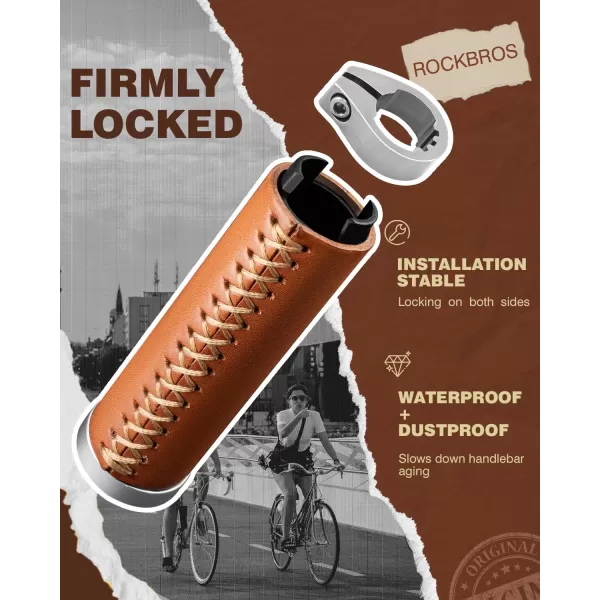 imageROCKBROS Leather Bike Handlebar Grips Bicycle Handlebar Grips for 222mm Vintage Mountain Bike Folding Bicycle Handlebar for Woman ampamp Man